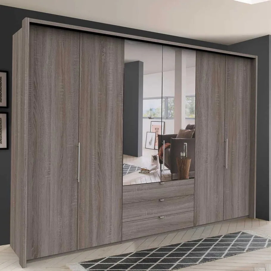 Sale 300 cm breiter Falttürenschrank in Holzoptik dunkel - Riding Kleiderschränke|Schränke