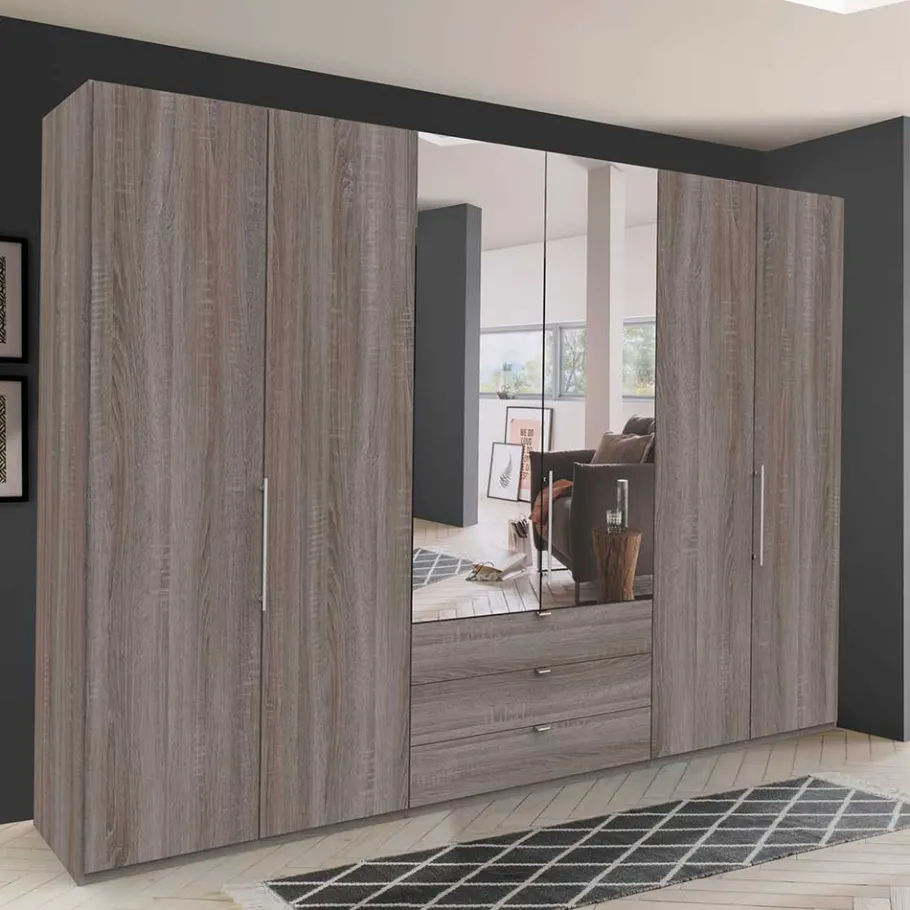 Sale 300 cm breiter Falttürenschrank in Holzoptik dunkel - Riding Kleiderschränke|Schränke