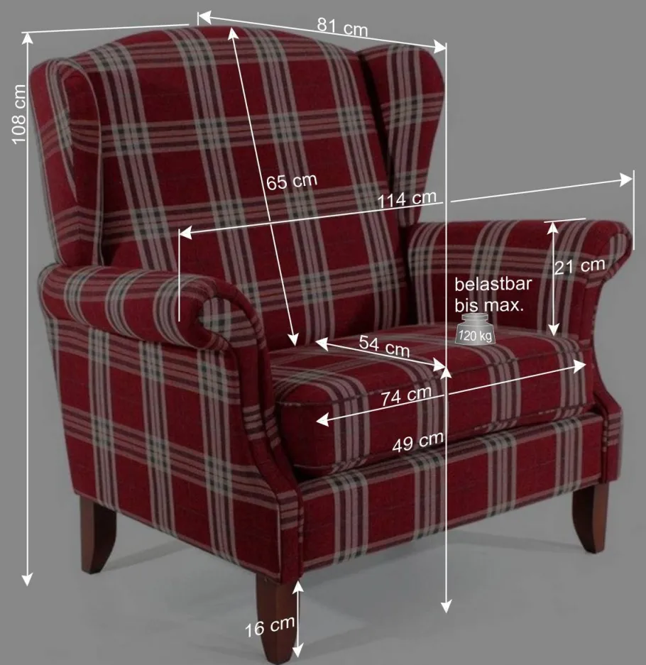 Best Big Ohrensessel in Rot kariert - Matieu Sessel