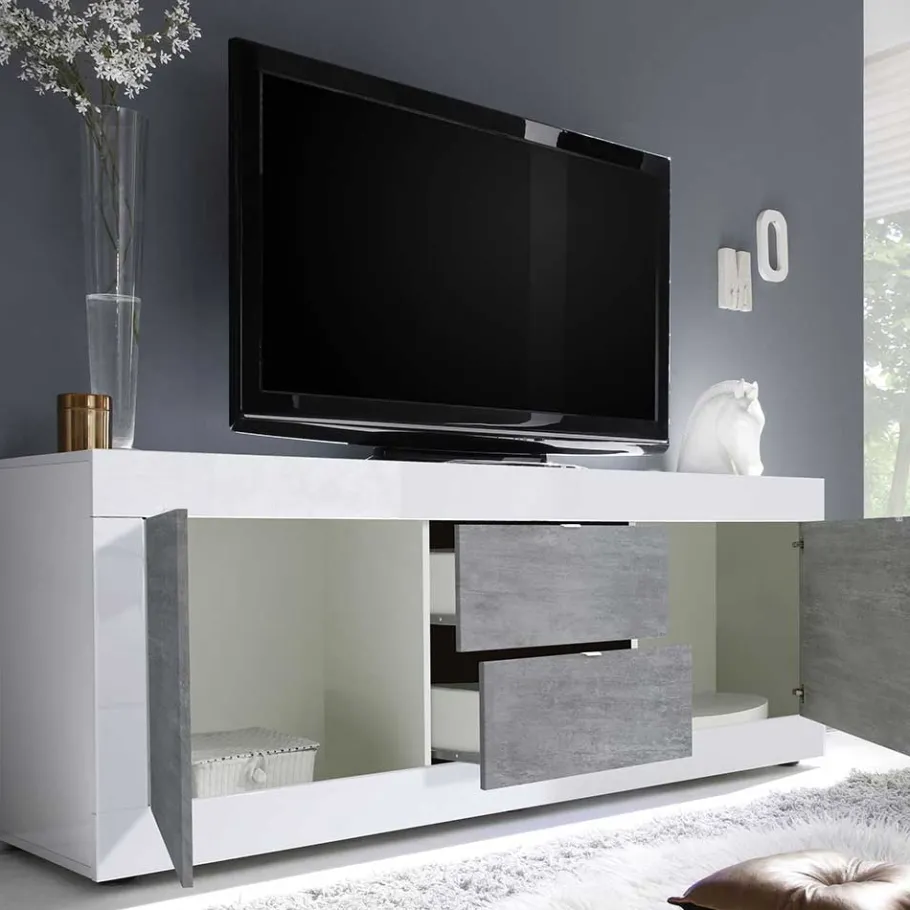 Best Breites TV Board in Weiß HG & Betonoptik - Narandu Tv & Hifi-Möbel