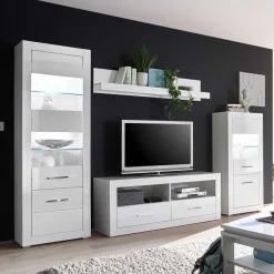 Outlet 280cm breite Schrankwand in Weiß Hochglanz Yulis optional mit LED (vierteilig) Wohnwände