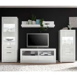 Outlet 280cm breite Schrankwand in Weiß Hochglanz Yulis optional mit LED (vierteilig) Wohnwände