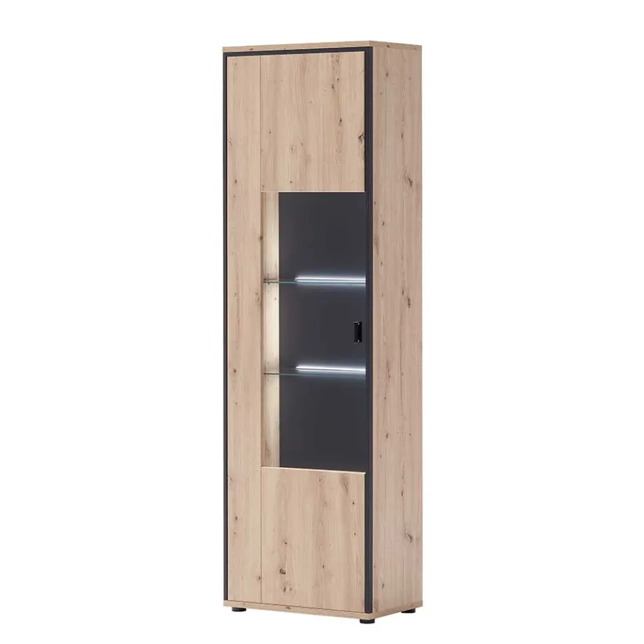 63cm breite Standvitrine in Eiche Holz Dekor - Nikdus Vitrinen