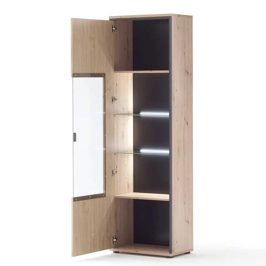 63cm breite Standvitrine in Eiche Holz Dekor - Nikdus Vitrinen