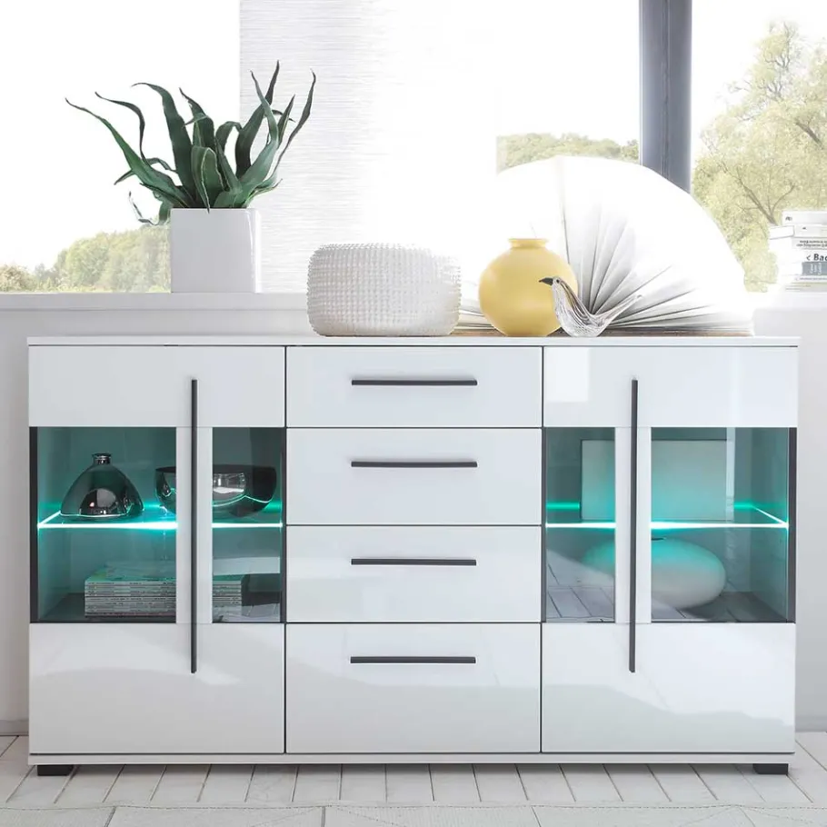 Sale Design Sideboard Nennja in Weiß Hochglanz Glas Sideboards