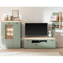 Discount Design Wohnwand in Graugrün und Eiche - Kwin (dreiteilig) Wohnwände