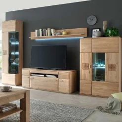 Edle Wohnwand mit 320cm Breite Pontros in Eiche Bianco teilmassiv (vierteilig) Wohnwände