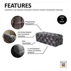 Outlet Flechtdesign Samtbank in Platingrau - Lessia Sitzbank