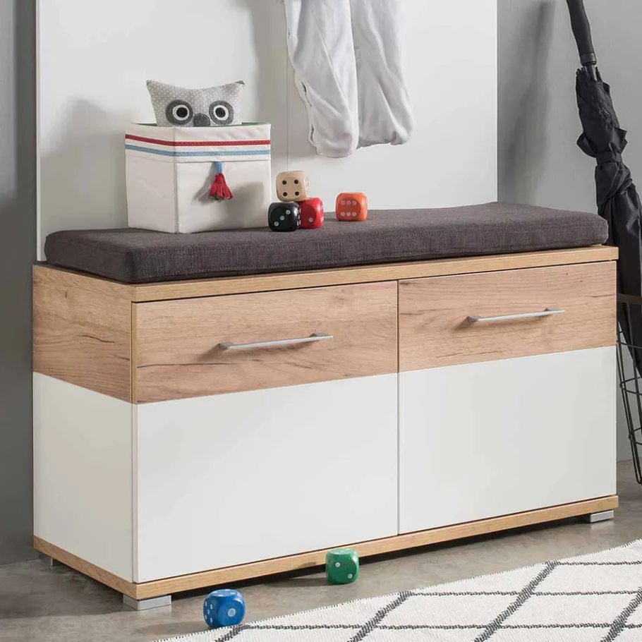 Outlet Garderoben Sitzbank Vicanossa in Weiß Eiche Sitzbank