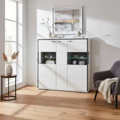 Sale Highboard Vitrine in Weiß mit Schwarzgrau - Loazin Highboards|Vitrinen