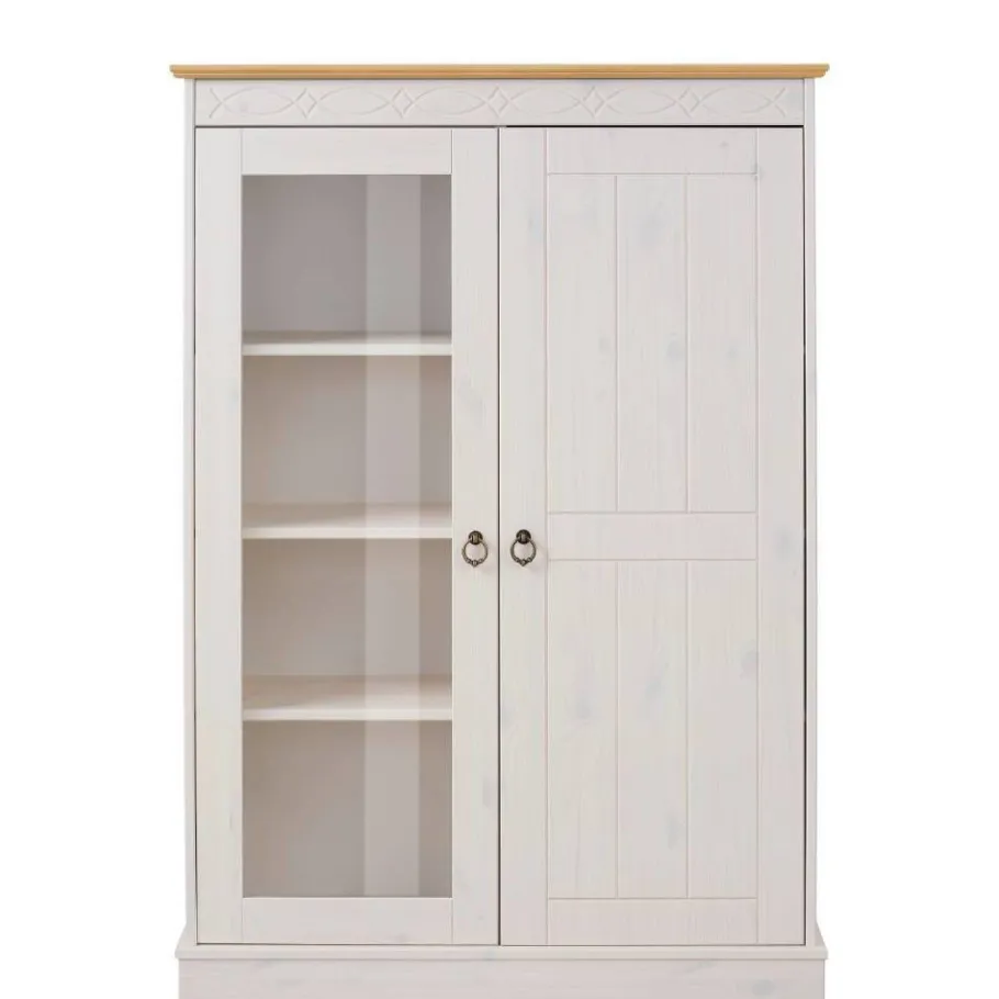 Sale Highboard Vitrine in Weiß und Kiefer Honig - Zentra Highboards|Vitrinen