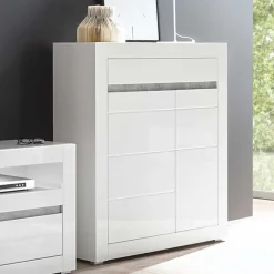 Clearance Hochglanz Highboard in Weiß Mextra mit Absetzung in Beton Optik Highboards