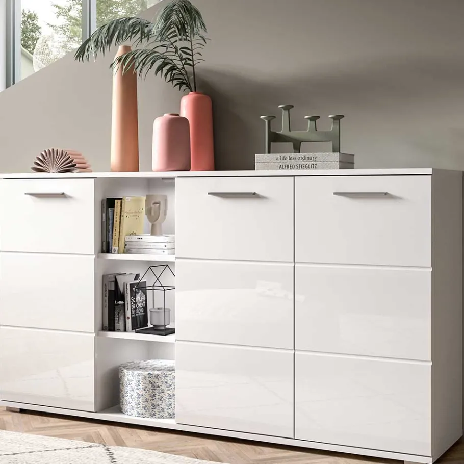 Sale Hochglanz Kommode in Weiß mit drei Türen - Rugova Sideboards