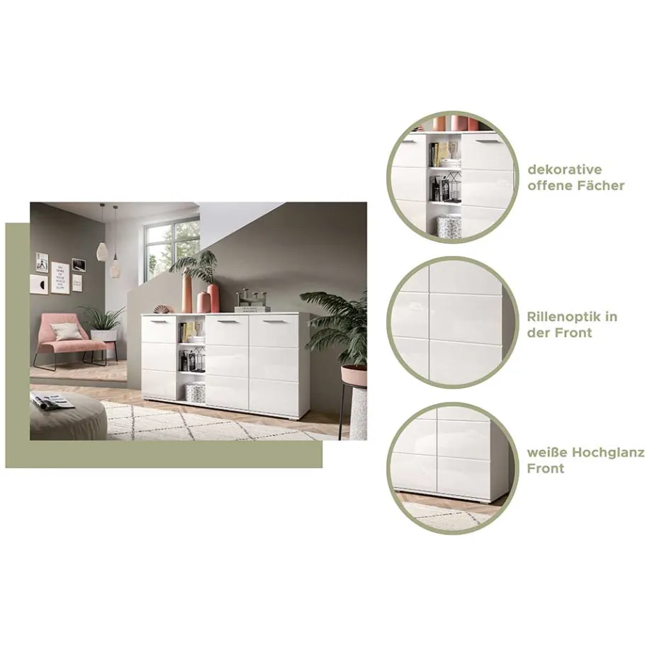 Sale Hochglanz Kommode in Weiß mit drei Türen - Rugova Sideboards