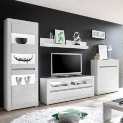 Outlet Hochglanz TV Anbauwand in Weiß Mextra mit Beton Dekor (vierteilig) Wohnwände