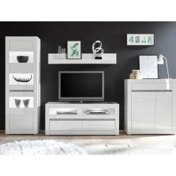 Outlet Hochglanz TV Anbauwand in Weiß Mextra mit Beton Dekor (vierteilig) Wohnwände