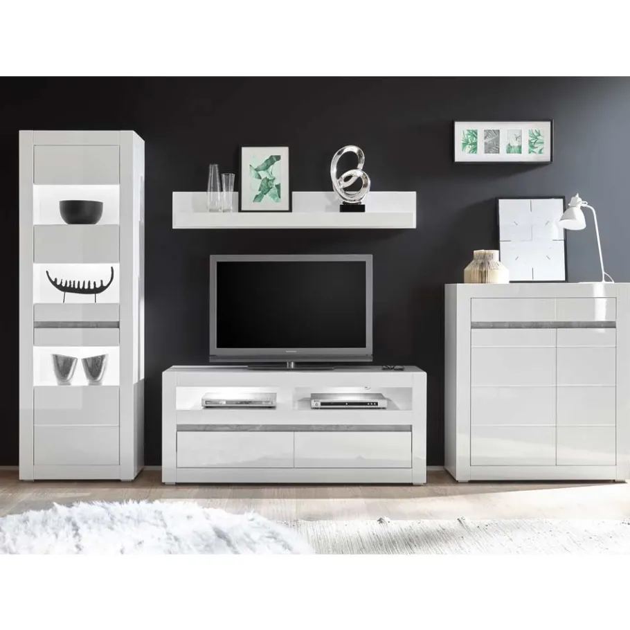 Outlet Hochglanz TV Anbauwand in Weiß Mextra mit Beton Dekor (vierteilig) Wohnwände