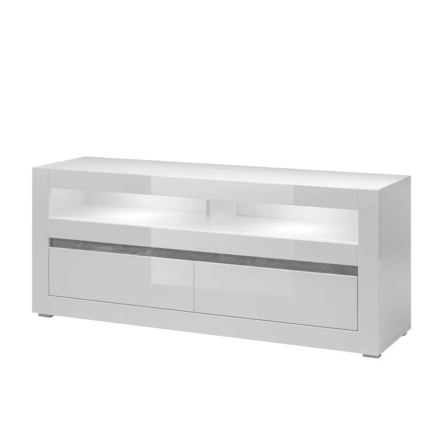 Outlet Hochglanz TV Anbauwand in Weiß Mextra mit Beton Dekor (vierteilig) Wohnwände