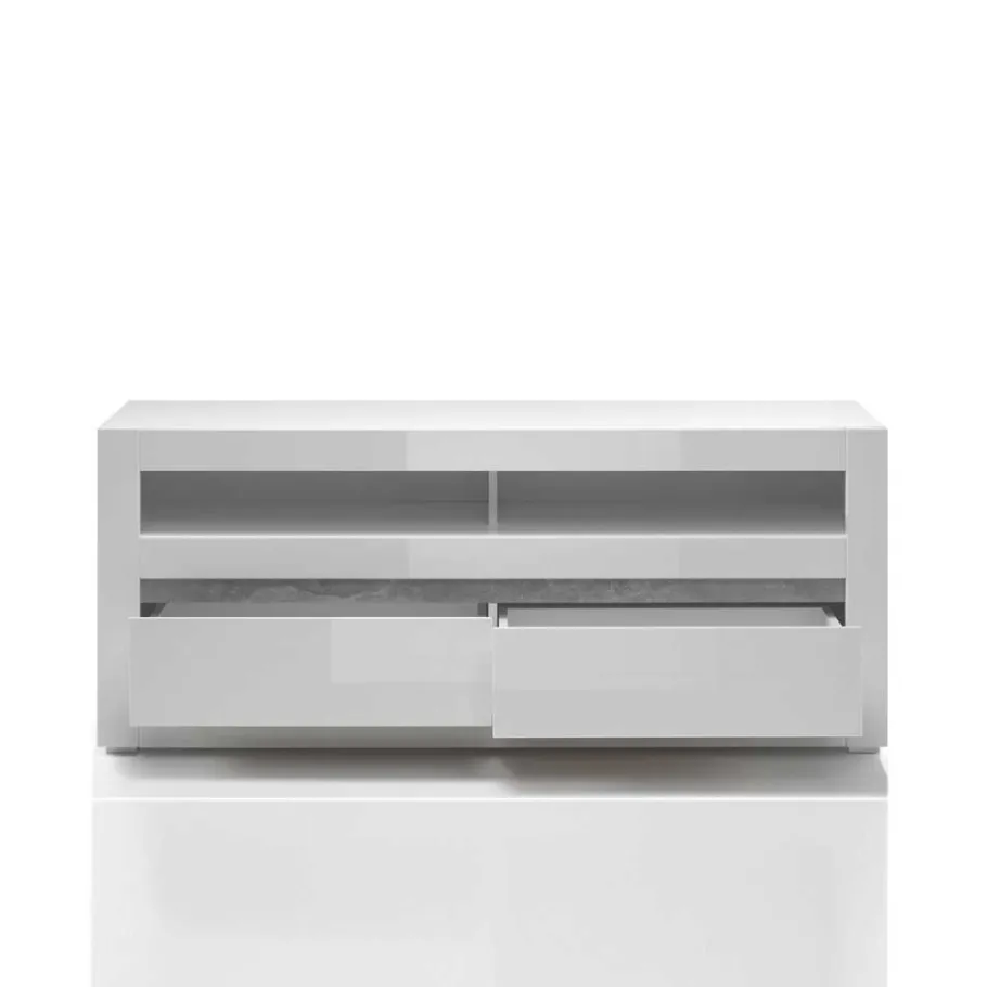 Outlet Hochglanz TV Anbauwand in Weiß Mextra mit Beton Dekor (vierteilig) Wohnwände