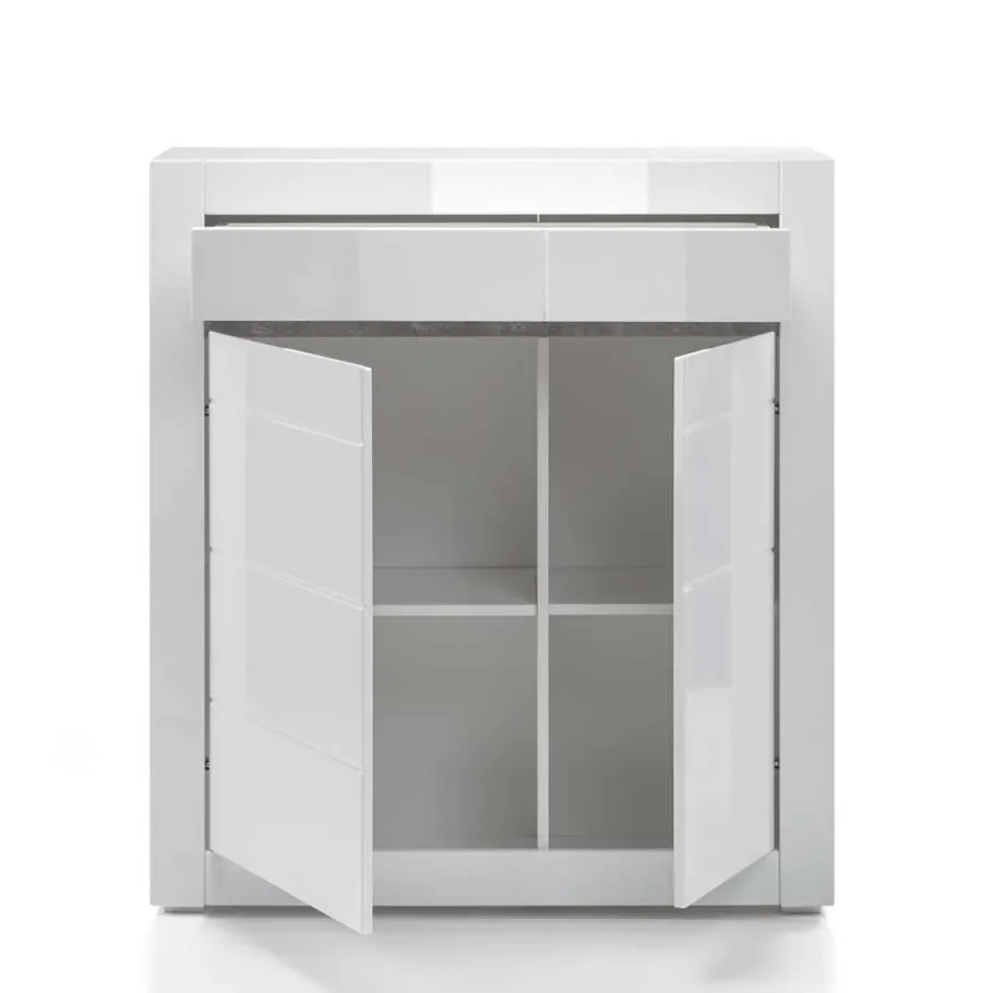 Outlet Hochglanz TV Anbauwand in Weiß Mextra mit Beton Dekor (vierteilig) Wohnwände