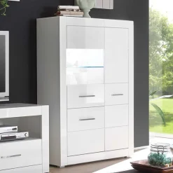 Clearance Hochglanz Vitrine in Weiß 3-türig Yulis mit Glaseinsatz Highboards|Vitrinen
