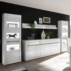 Hot Hochglanz Wohnkombination in Weiß Mextra mit Beton Dekor & Glas (vierteilig) Wohnwände