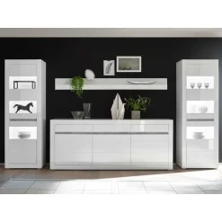 Hot Hochglanz Wohnkombination in Weiß Mextra mit Beton Dekor & Glas (vierteilig) Wohnwände