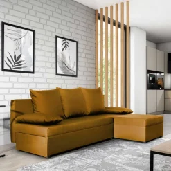 Best L-Schlafsofa in Senfgelb Velours - Xantra Sofas