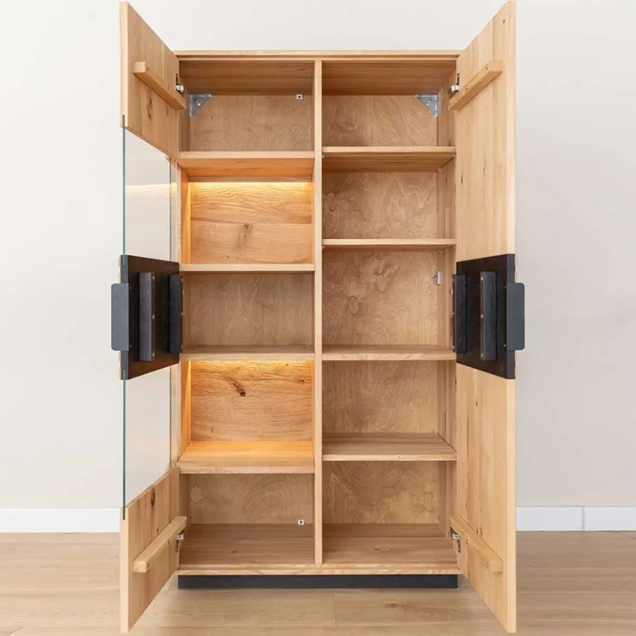 Best Massivholz Vitrine in Eiche mit Schwarz - Eribella Highboards|Vitrinen