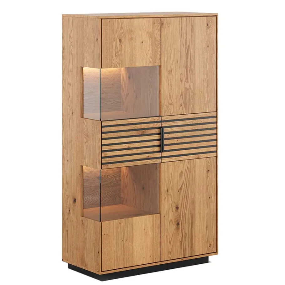 Best Massivholz Vitrine in Eiche mit Schwarz - Eribella Highboards|Vitrinen
