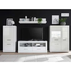 Best Moderne Wohnkombination in Hochglanz Weiß Yulis 315cm breit (vierteilig) Wohnwände