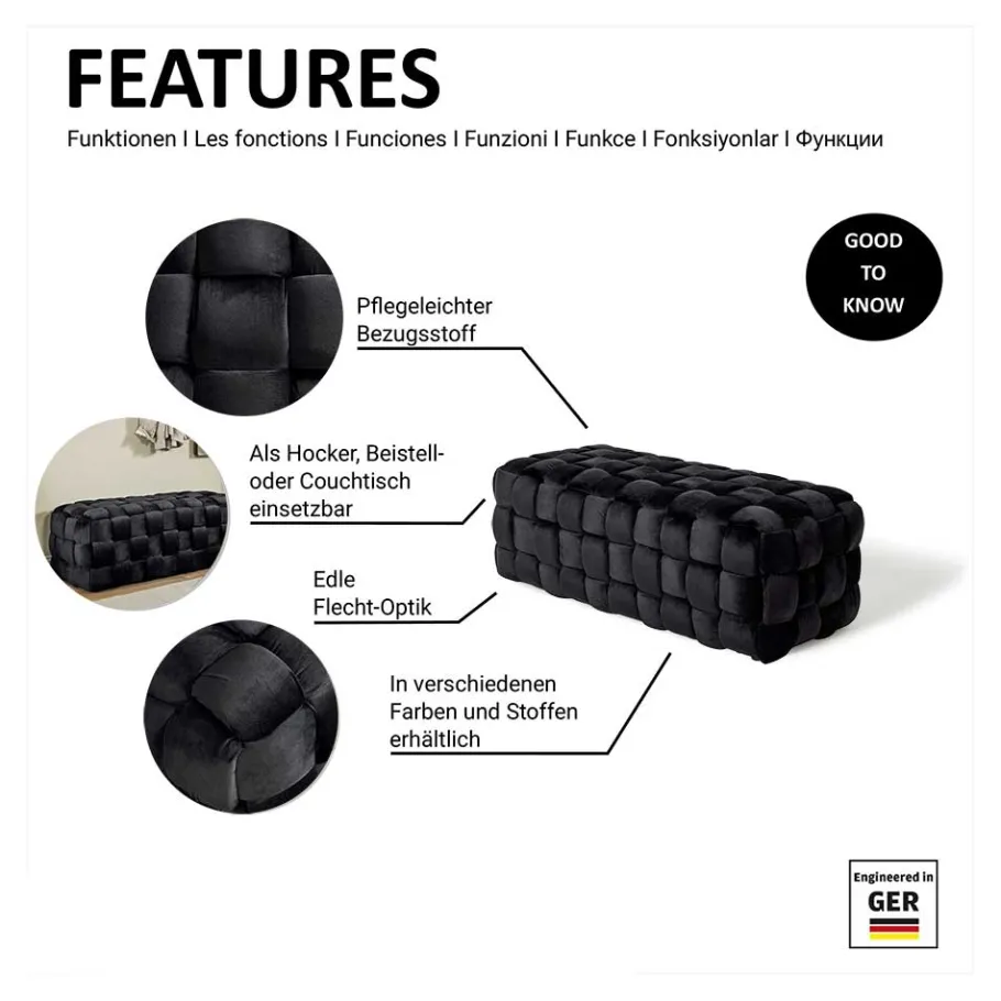Sale Samt Sitzbank in Schwarz Flechtdesign - Addara Sitzbank