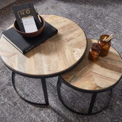 New 2-Satz Couchtisch mit Holzplatte Rund - Bernesa (zweiteilig) Tische