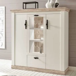 Sale Scandi Landhaus Highboard in Weiß Pinie Shabby Nedita 140 cm breit Highboards