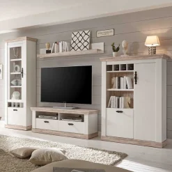 Scandi Landhaus Wohnzimmermöbel Set Nedita in Weiß (vierteilig) Wohnwände