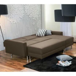 Sale Schlafcouch mit Hocker in Beigegrau mit Chrom - Defelira (zweiteilig) Betten|Sofas
