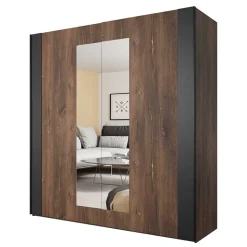 Outlet Schwebetürenschrank in Eiche Dunkel & Schwarz - Prabhaa Kleiderschränke