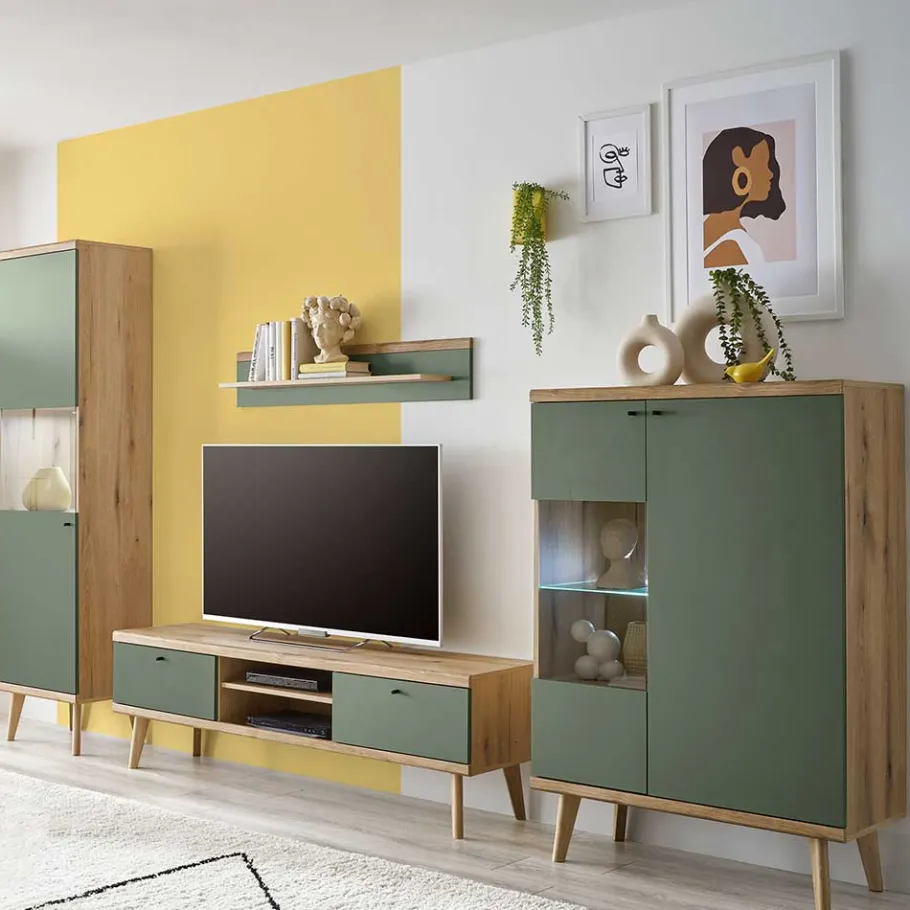 Outlet Skandi Wohnwand in Graugrün - Oliva (vierteilig) Wohnwände