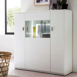 Best 3-türiges Highboard mit Glas Einsatz in Weiß - Hazime Highboards|Vitrinen