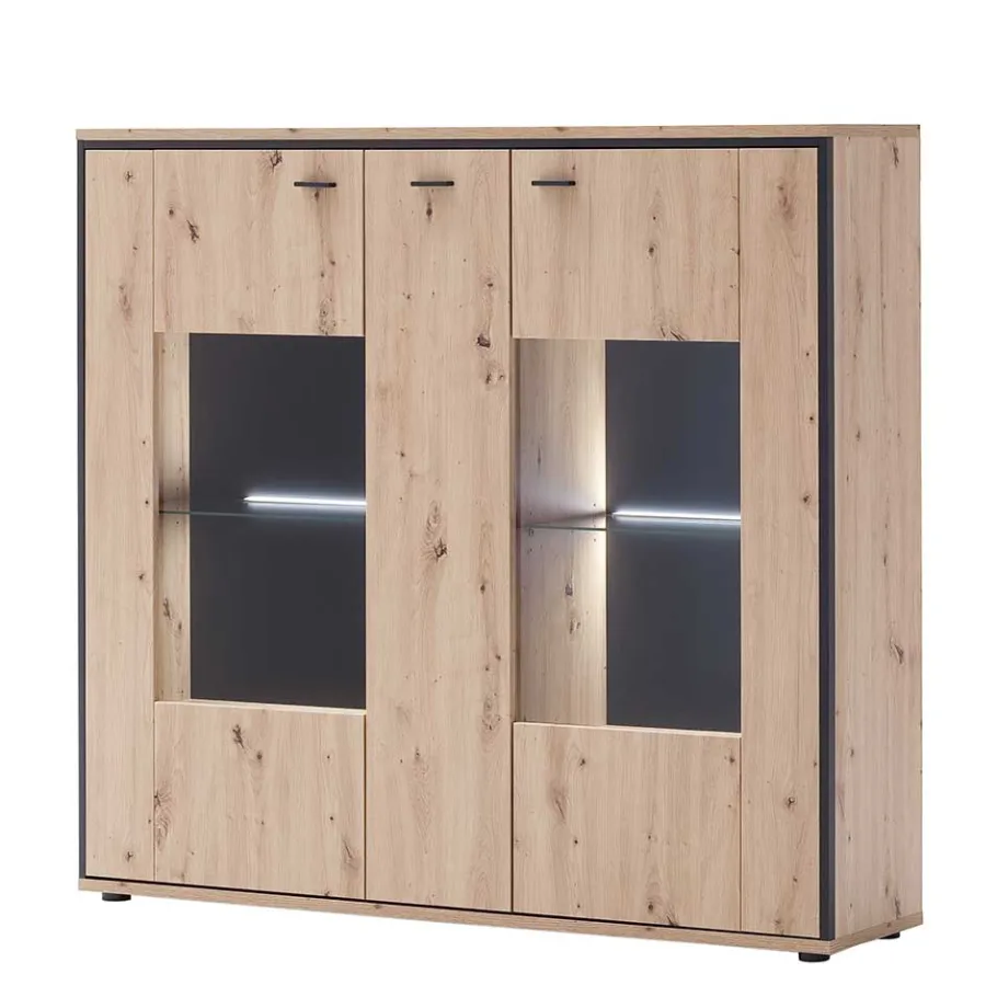 Sale 3-türiges Highboard mit Glas in Holzdekor Eiche - Nikdus Highboards|Kommoden