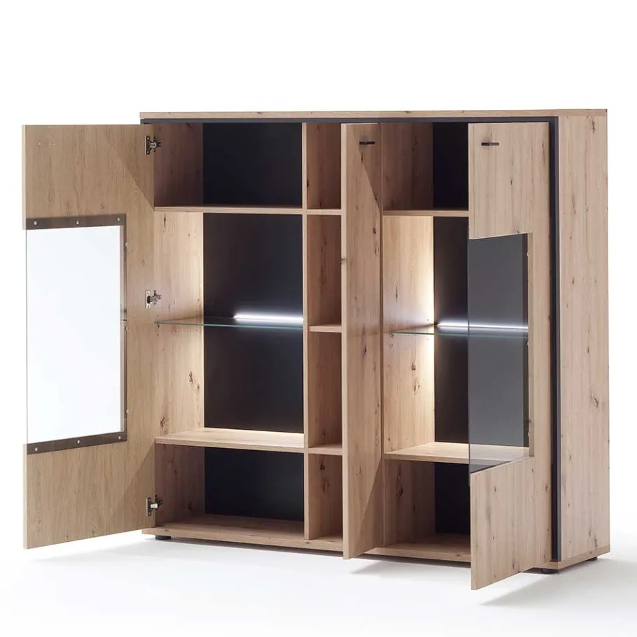 Sale 3-türiges Highboard mit Glas in Holzdekor Eiche - Nikdus Highboards|Kommoden