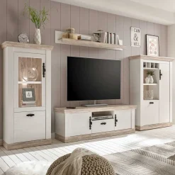 Outlet TV Anbauwand im Scandi Landhaus Stil Nedita in Weiß & Shabby Pinie Dekor (vierteilig) Wohnwände
