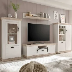 Outlet TV Anbauwand im Scandi Landhaus Stil Nedita in Weiß & Shabby Pinie Dekor (vierteilig) Wohnwände