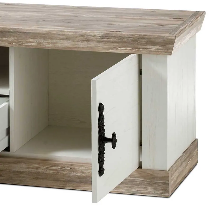 Outlet TV Anbauwand im Scandi Landhaus Stil Nedita in Weiß & Shabby Pinie Dekor (vierteilig) Wohnwände