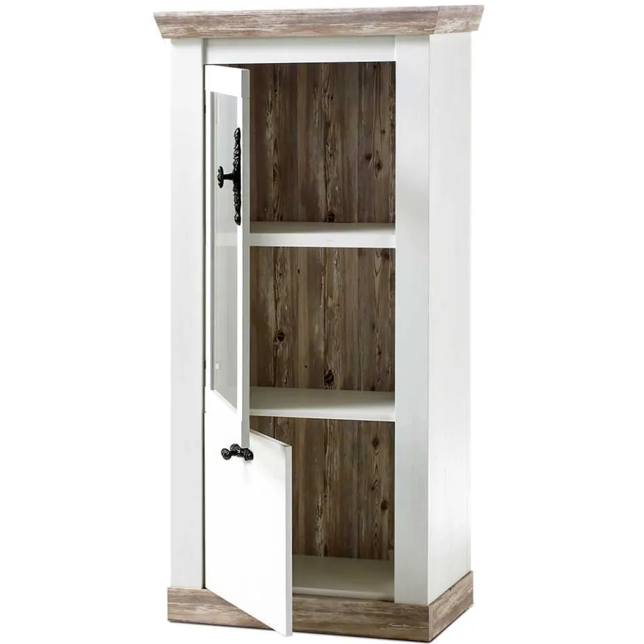 Outlet TV Anbauwand im Scandi Landhaus Stil Nedita in Weiß & Shabby Pinie Dekor (vierteilig) Wohnwände