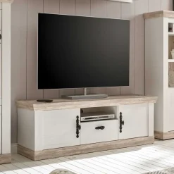 Outlet TV Anbauwand im Scandi Landhaus Stil Nedita in Weiß & Shabby Pinie Dekor (vierteilig) Wohnwände