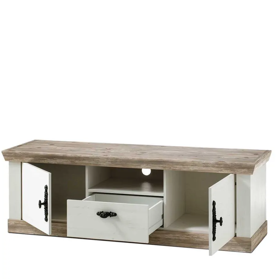 Outlet TV Anbauwand im Scandi Landhaus Stil Nedita in Weiß & Shabby Pinie Dekor (vierteilig) Wohnwände