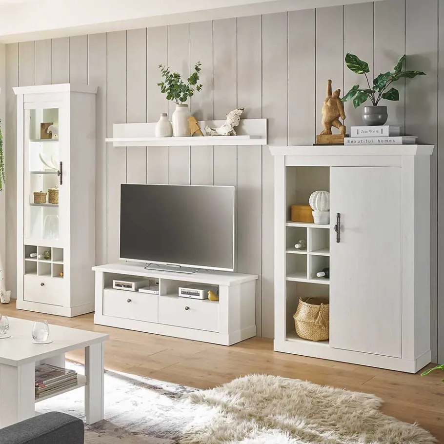 Hot TV Anbauwand Set in weißer Holzoptik Pinie - Liancos (vierteilig) Wohnwände