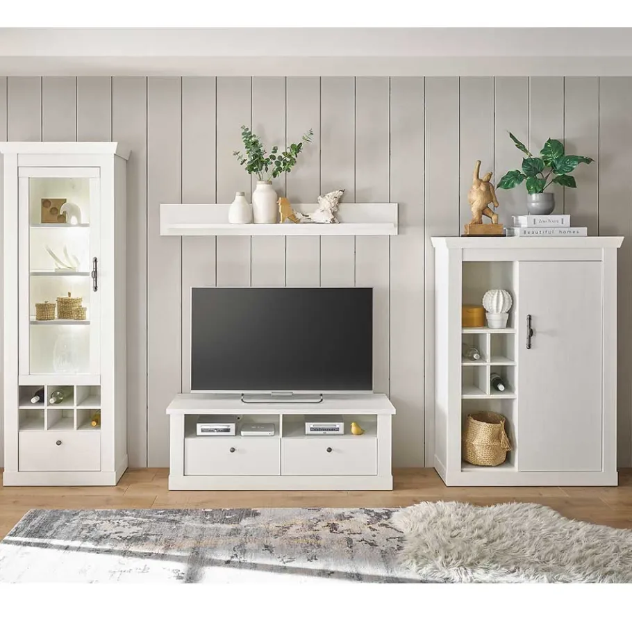 Hot TV Anbauwand Set in weißer Holzoptik Pinie - Liancos (vierteilig) Wohnwände
