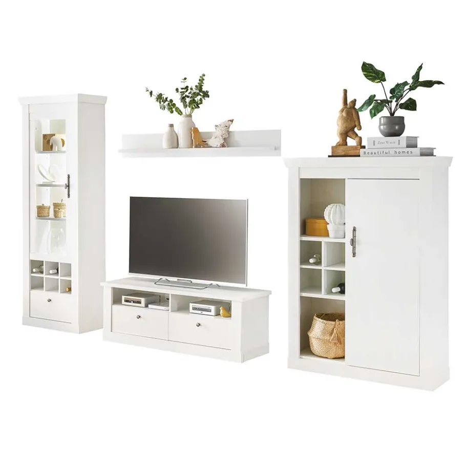 Hot TV Anbauwand Set in weißer Holzoptik Pinie - Liancos (vierteilig) Wohnwände